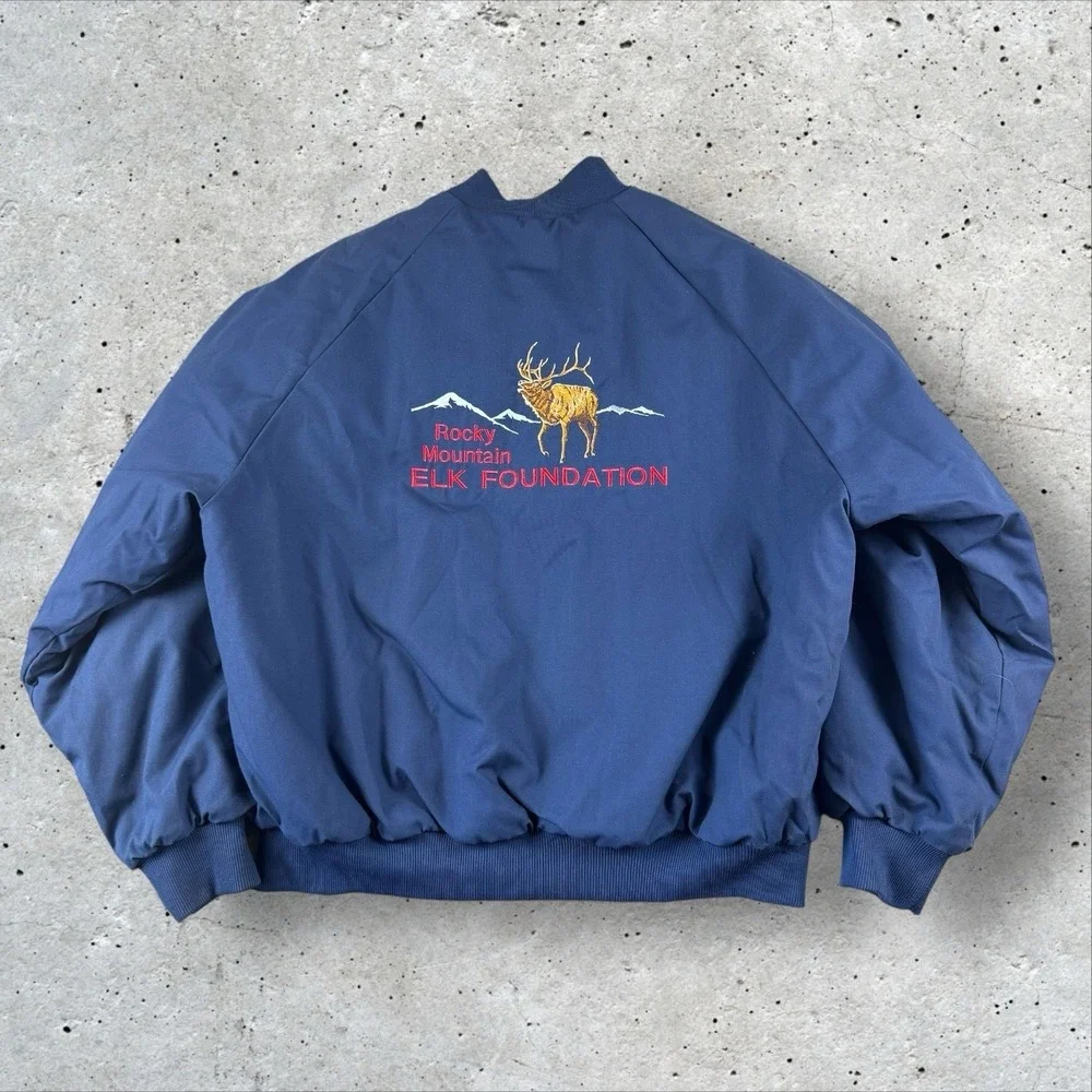 Vtg Rocky‎ Mountain Elk Foundation Embroidered Blue Utility Bomber Jacket XL USA